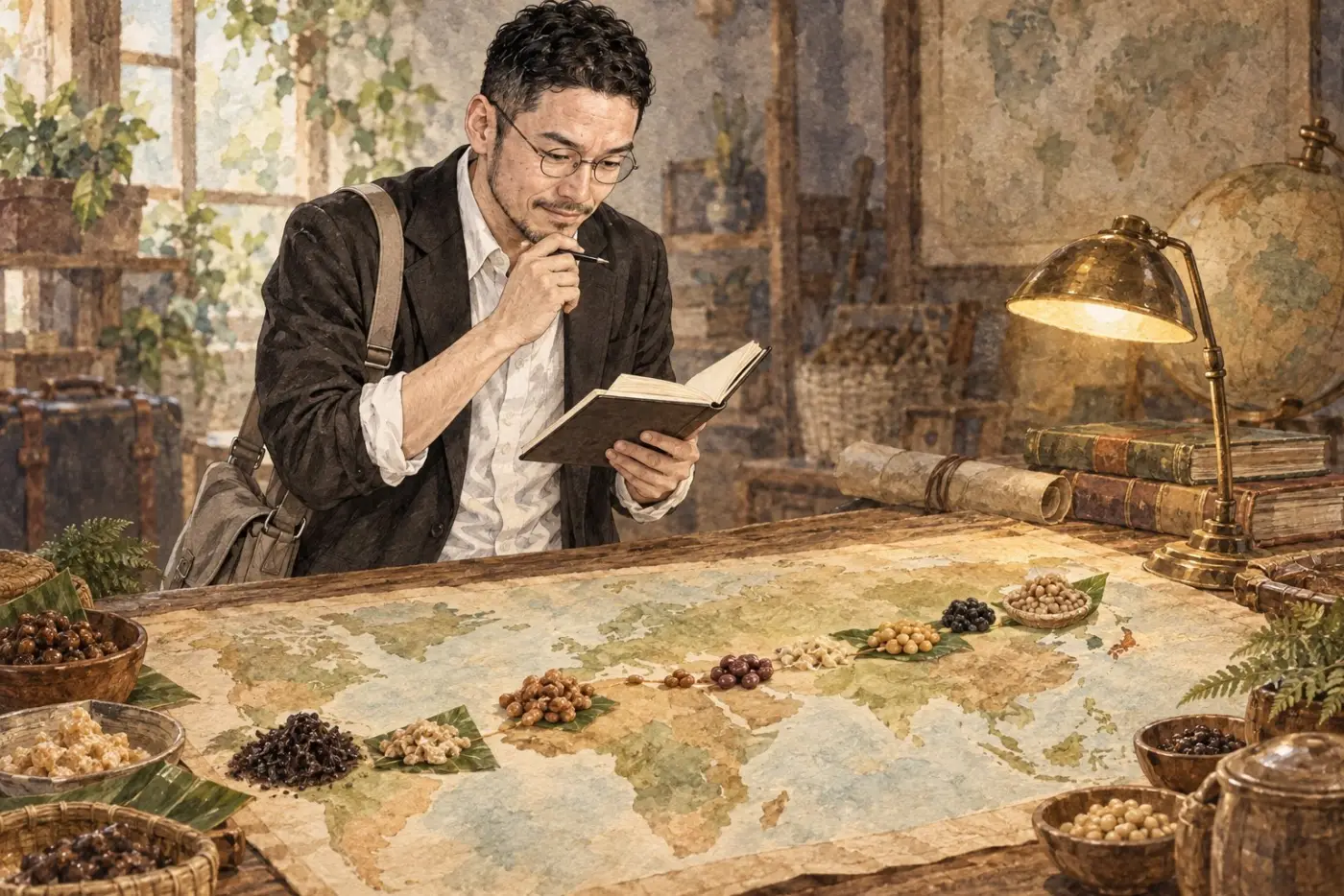 本の扉絵。田中啓之が地図と納豆を前に本を読む姿