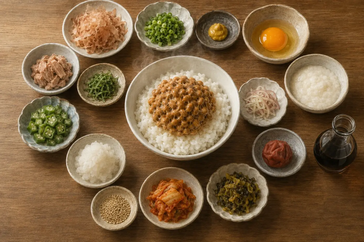 納豆ご飯を中心に薬味の小皿を並べた食卓の俯瞰